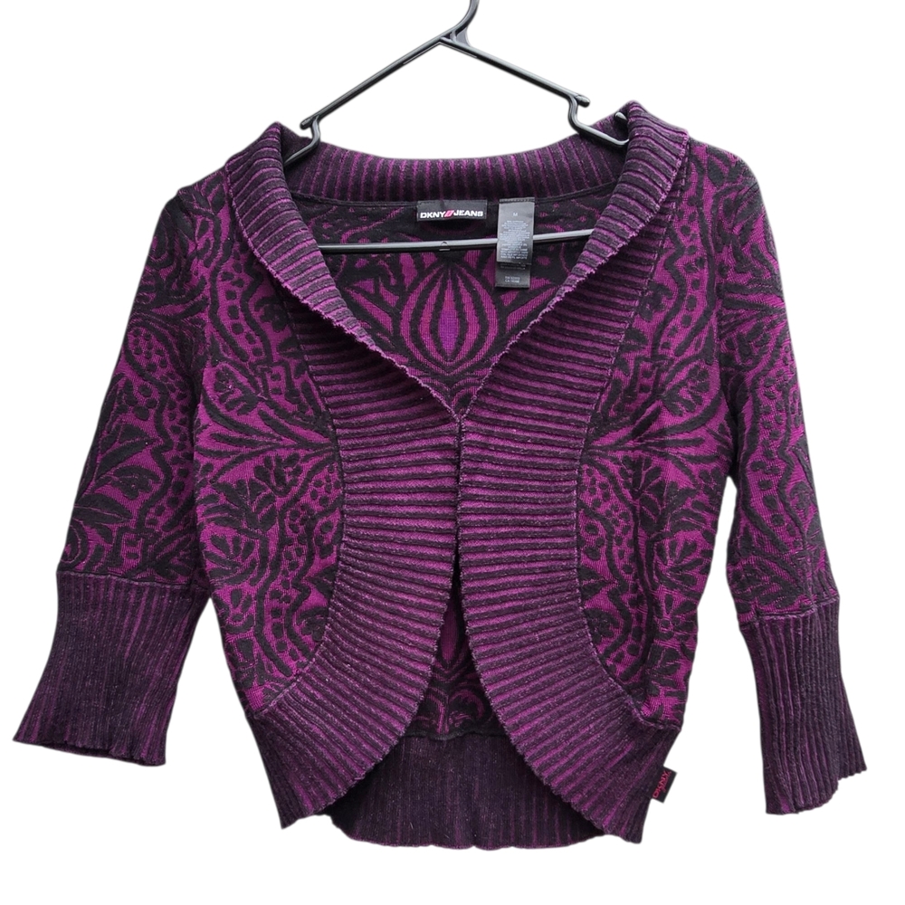 DKNY Medium Cropped Purple and Black Patterned Cardigan
